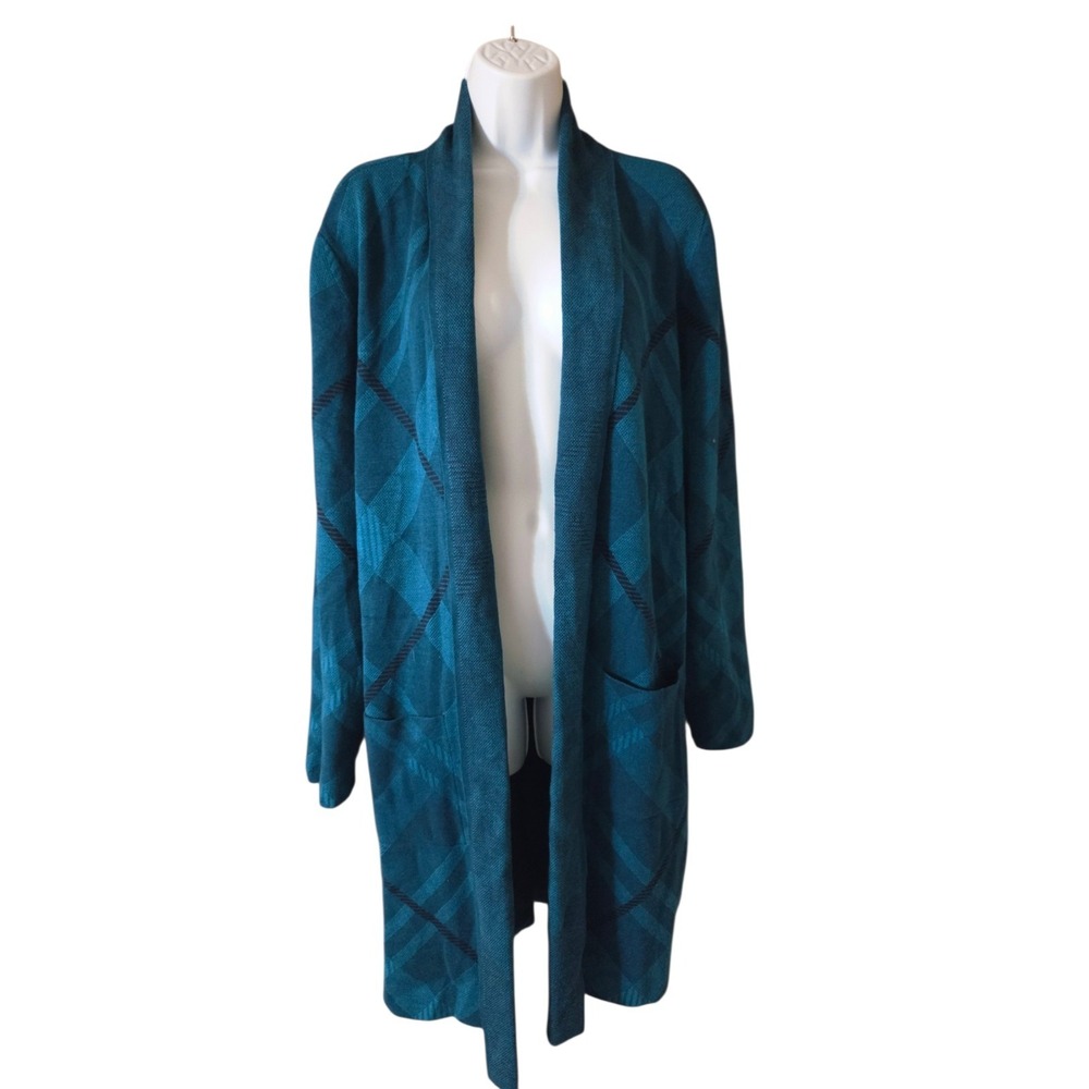 Liz Claiborne Teal Checkered Long Line Open Cardigan Sweater Stretchy XL NWT